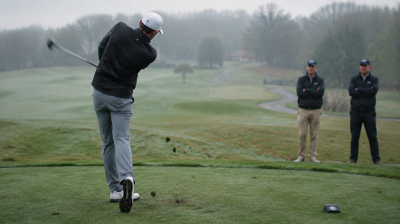 A tee shot in the morning mist with the group watching on