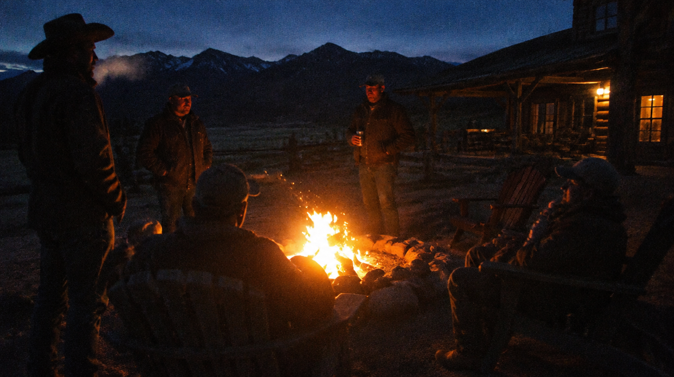 Men gathered around a campfire at a Montana lodge