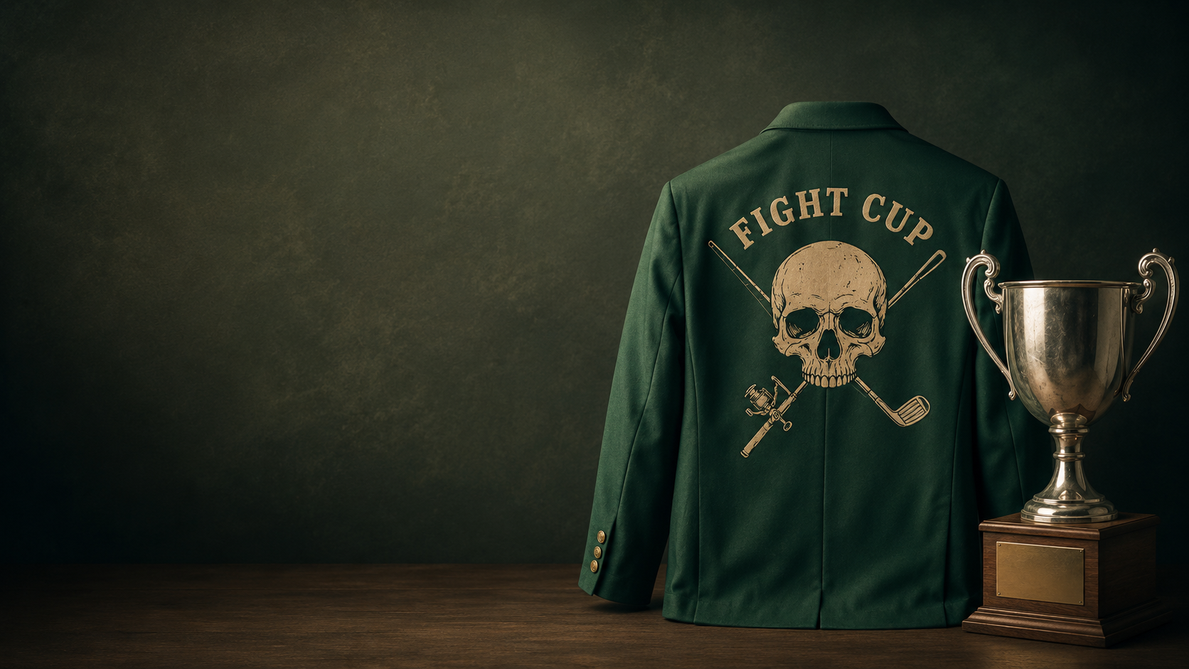 The green FIGHT Cup jacket with skull and crossed clubs, next to a silver trophy