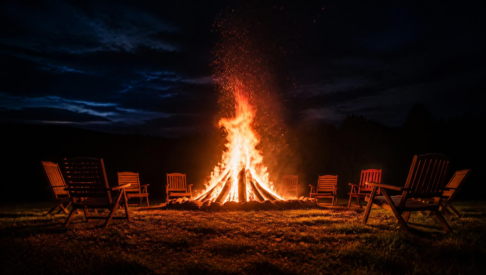 A bonfire burning at night with empty chairs around it