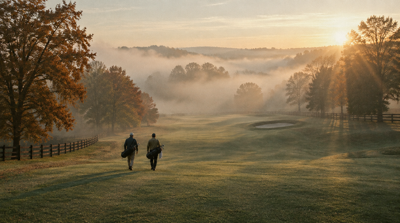 Two golfers walking a Kentucky fairway at golden hour