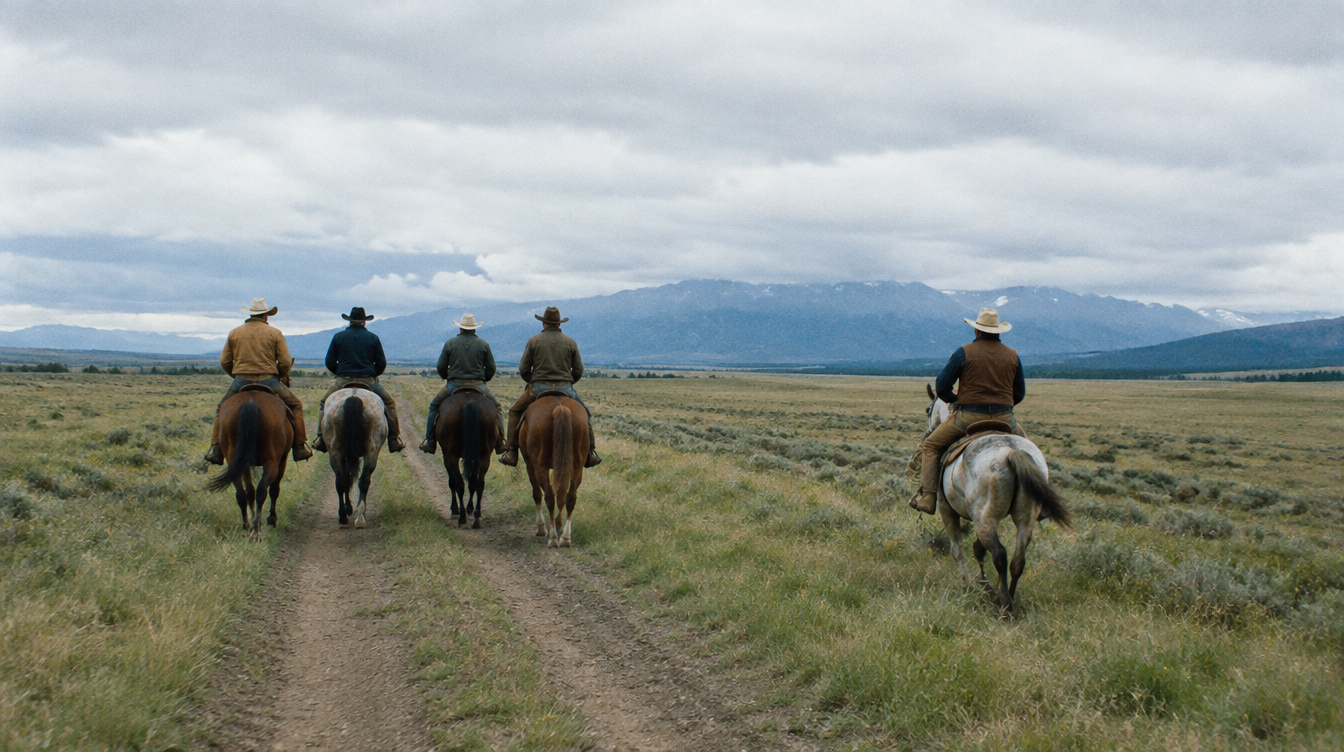 Men riding horses across Montana country toward the mountains