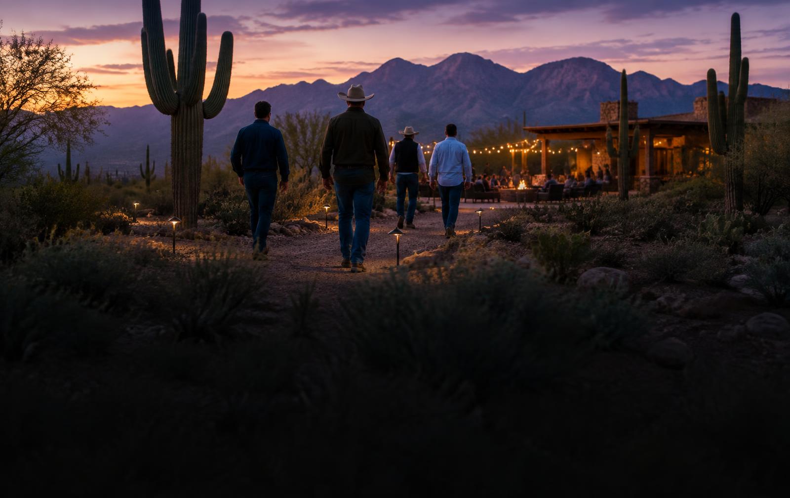 Men arriving at a Sonoran Desert gathering at dusk