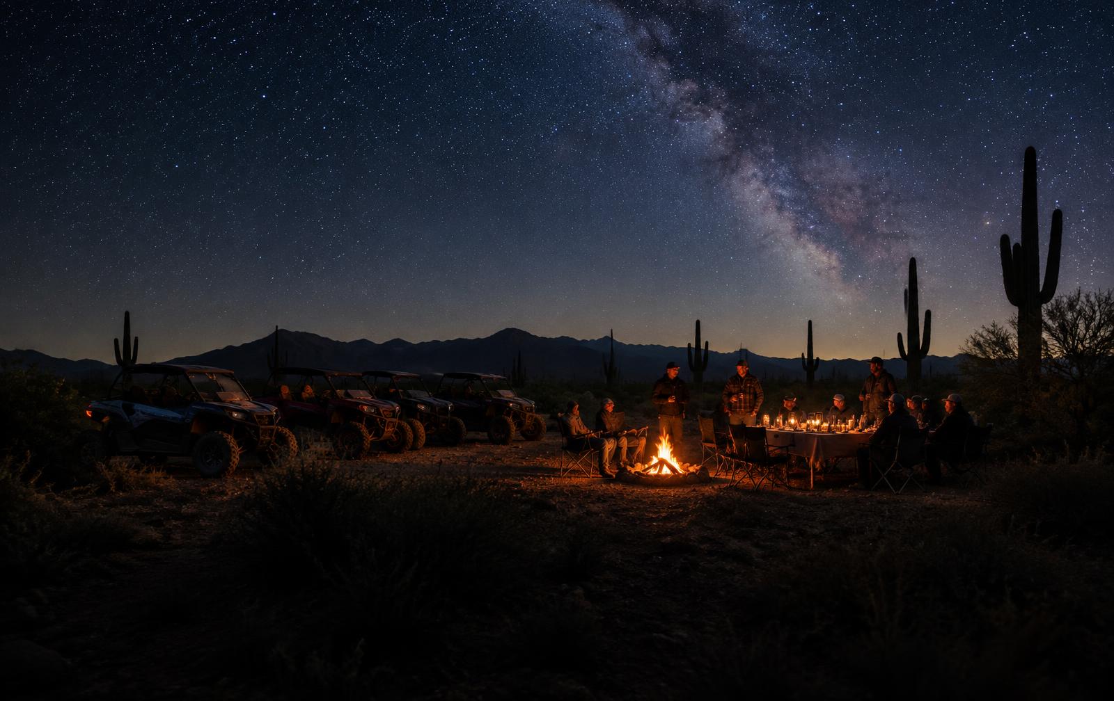 Off-road vehicles and men around a fire and table beneath the desert stars