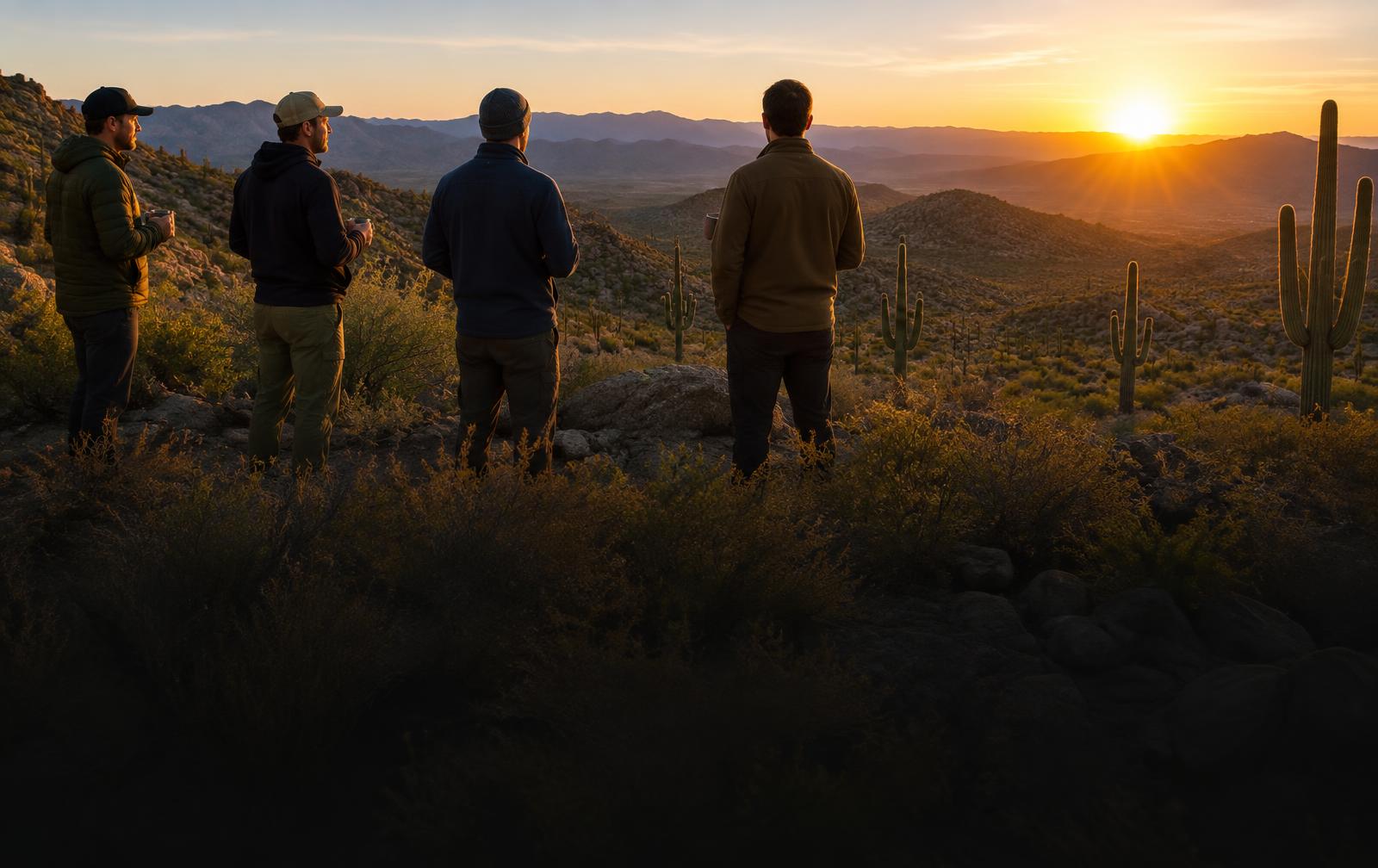 Men watching sunrise over the Sonoran Desert