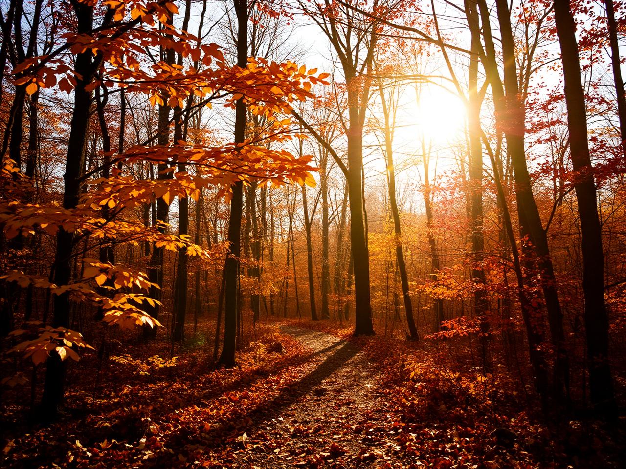 November woods in gold and rust with sunlight through the trees