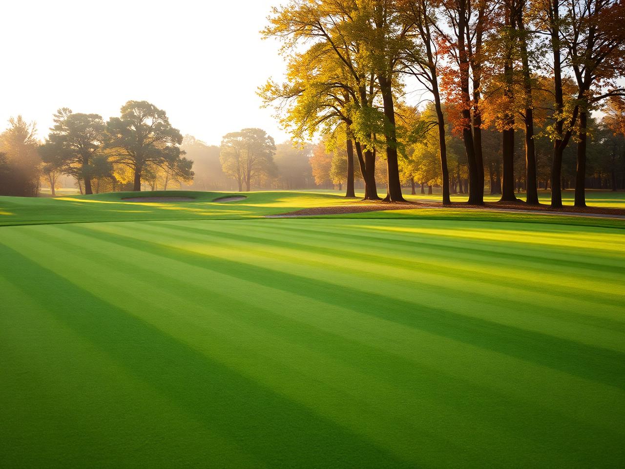 Empty golf fairway in early morning light with long shadows