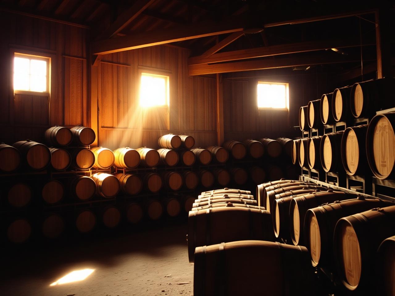 Bourbon barrels stacked in a rickhouse in warm daylight