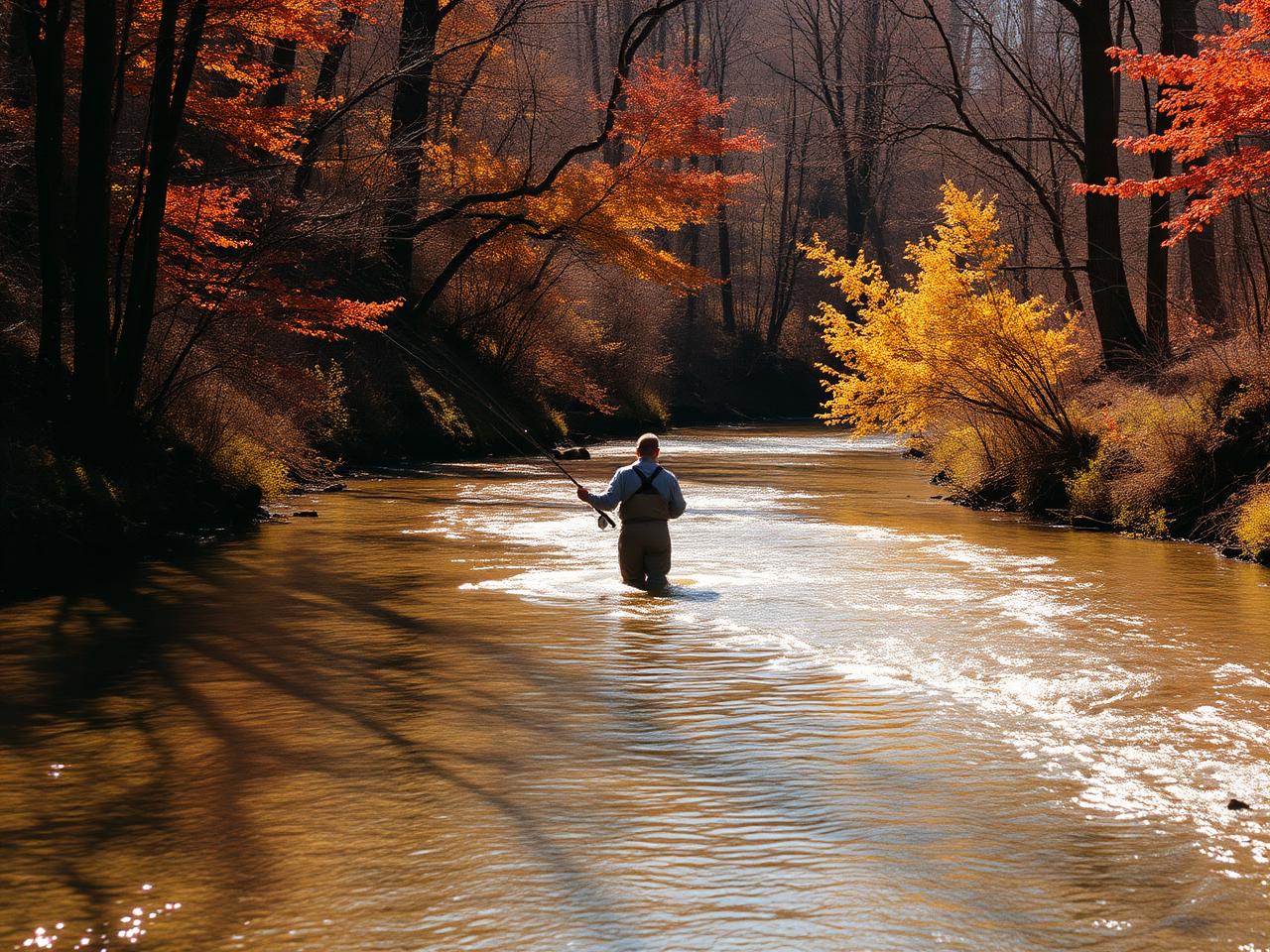 A creek running through autumn woods with a man fishing mid-stream
